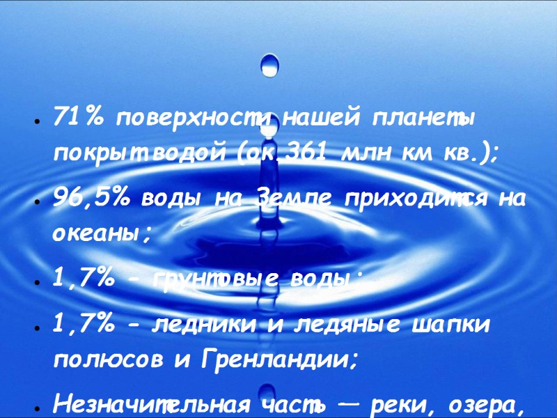 71% поверхности нашей планеты покрыт водой (ок.361 млн км кв.); 96,5% воды на Земле